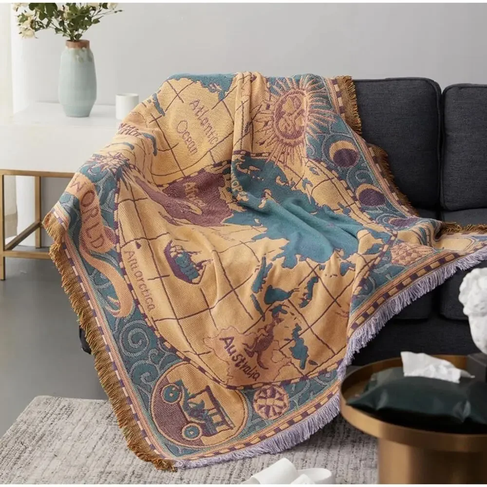 World Map Throw Blanket Wall Tapestry 3 Layers Cotton Woven Sofa Blanket 70x51”